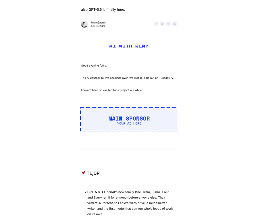 Main sponsor banner position in the newsletter on desktop, directly after the intro